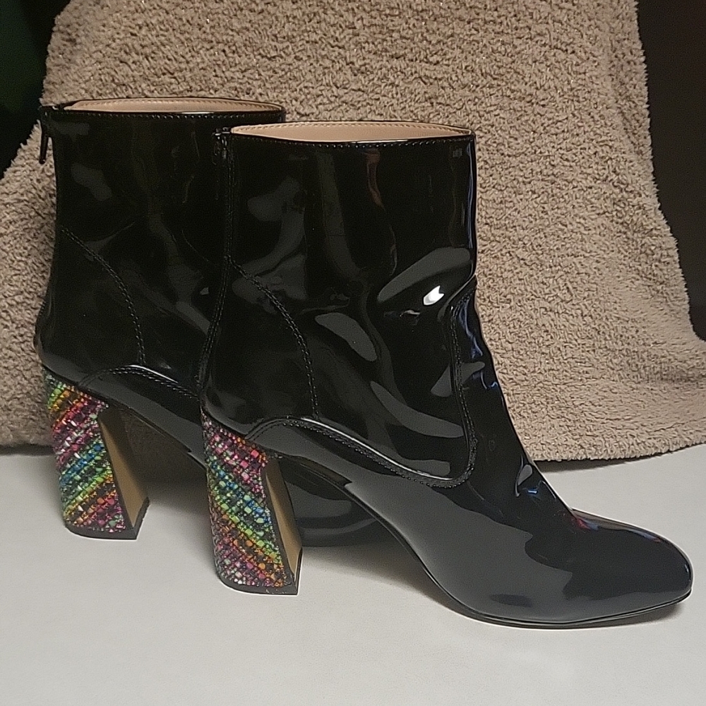 Black Patent Leather Ankle Boots with Multicolor Rhinestone Heel